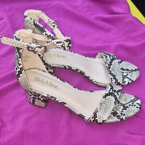 Bella Marie Black & Beige Snake-Print Block Heel Sandals